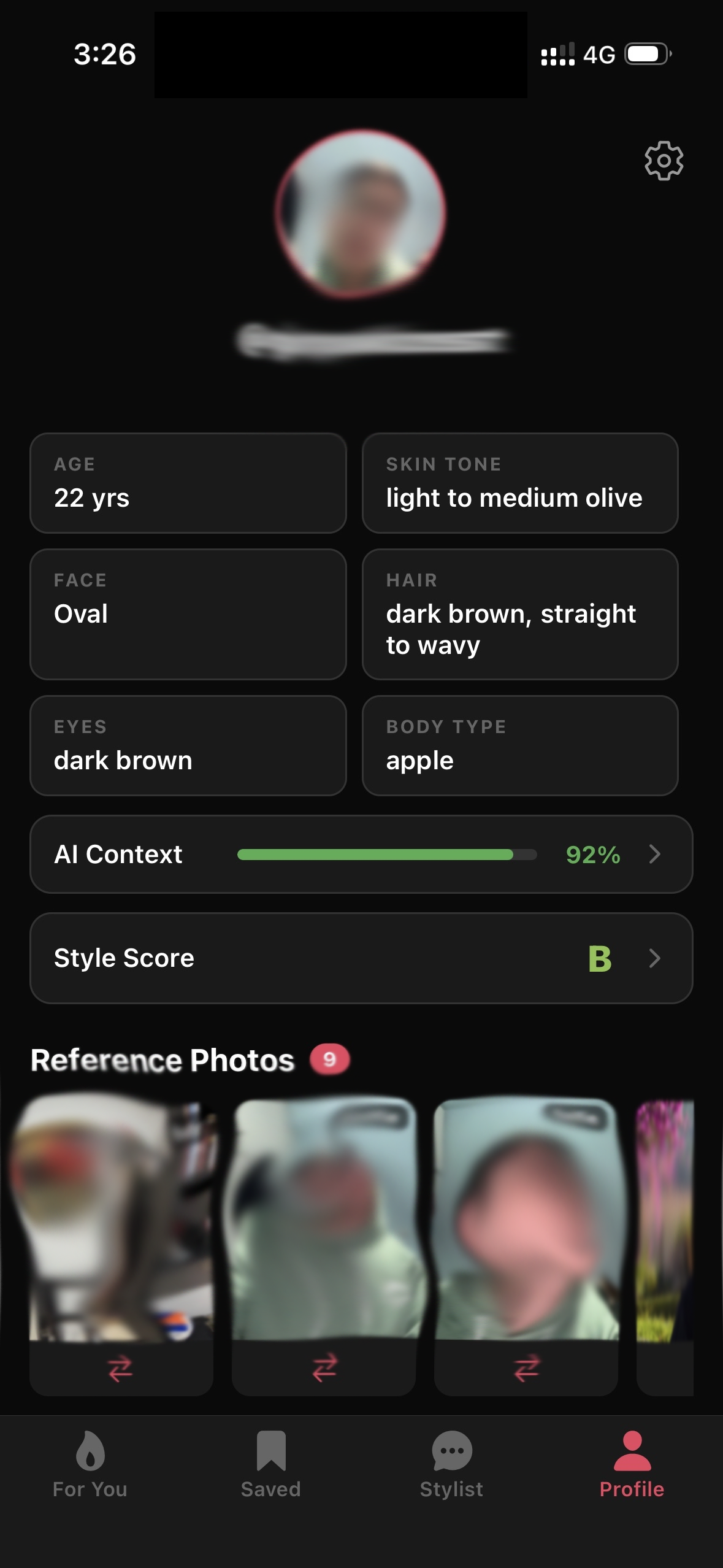 Profile screen with AI context and style score
